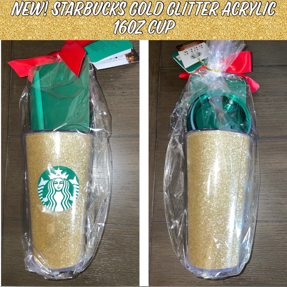 New! Starbucks Gold Glitter Acrylic 16oz Cold Cup W/Straw and Lid✨